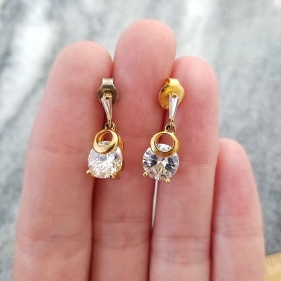 Vintage Little Rhinestone Drop Post Earrings, Gold Tone Setting, Minimal - Picture 1 of 4
